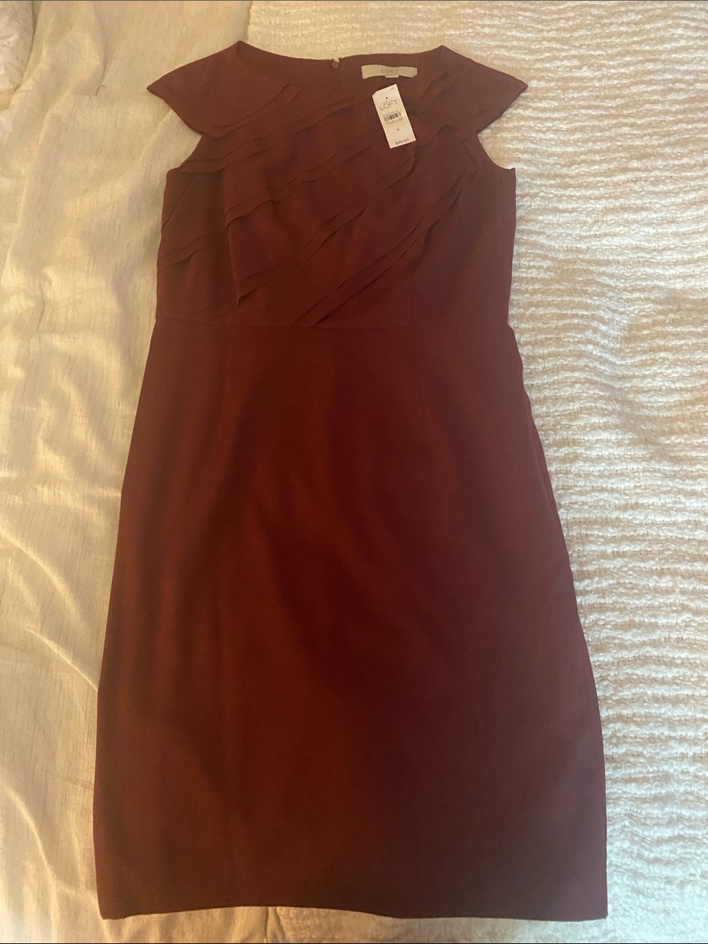 LOFT Burgundy Sheath Dress with Layered Ruffle Bodice
